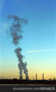 power, thermal, station, energy, plant, coal, electrical, steam, factory, industrial, smoke. thermal power station, thick with pipe smoke, the smoke from the chimneys at sunset