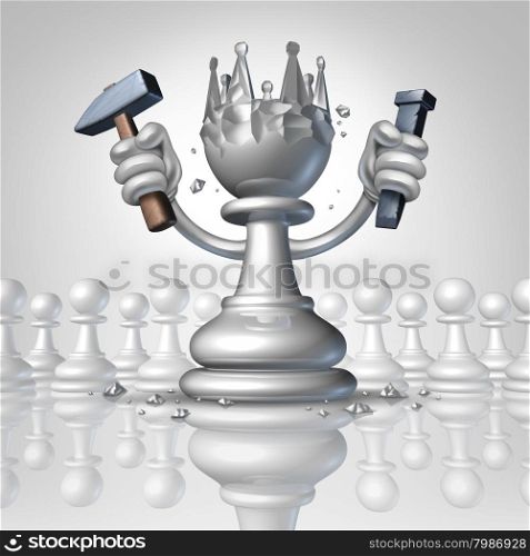 Power to change personal growth concept with a chess pawn using a hammer and chisel sculpting a king crown from his body as a business concept of taking control of your destiny and metaphor for leadership and success.