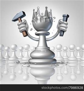 Power to change personal growth concept with a chess pawn using a hammer and chisel sculpting a king crown from his body as a business concept of taking control of your destiny and metaphor for leadership and success.