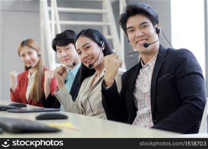 Powerful and Sucessful of Business group Call Center and technical Support staff for receptionist phone operator. Asian customer support team.