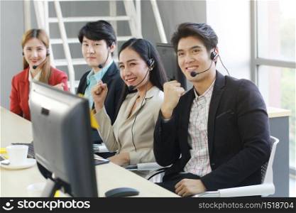 Powerful and Sucessful of Business group Call Center and technical Support staff for receptionist phone operator. Asian customer support team.