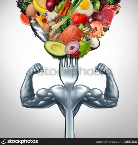 Powerful food and power eating symbol for strenght workout or working out with nutritional supplement as a healthy fit lifestyle as a fork with muscles with 3D illustration elements.
