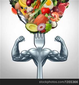 Powerful food and power eating symbol for strenght workout or working out with nutritional supplement as a healthy fit lifestyle as a fork with muscles with 3D illustration elements.