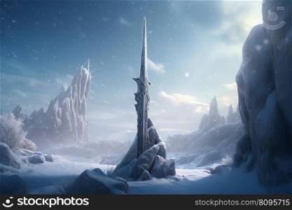 Powerful frozen sword. Sky nature. Generate Ai. Powerful frozen sword. Generate Ai