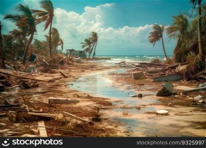 Powerful hurricane as debris covers a once-pristine beach area. Impact of severe weather events on coastal communities. Generative AI . Beach covered in debris after a hurricane 