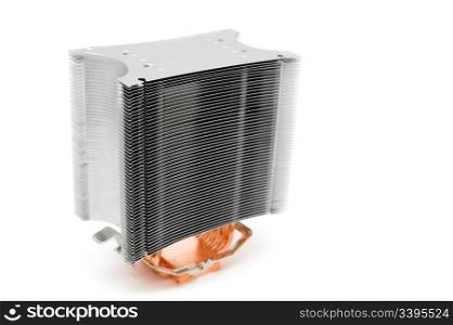 powerful lamellar (multi ribbed) cooler for computer central processor unit over white background, shallow DOF, focus on the ribs