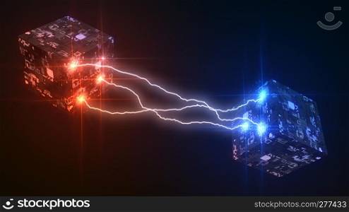 powerful lightning strikes between cubes and makes cracks on surface. Suitable for any future, technology and energy themes. 3d illustration. powerful lightning strikes between cubes and makes cracks on surface of sphere. 3d illustration