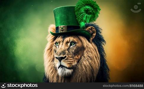 Powerful lion with green hat celebrating Saint Patrick day on a blurred background. Generative AI