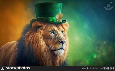 Powerful lion with green hat celebrating Saint Patrick day on a blurred background. Generative AI