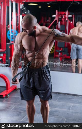Powerful muscular man doing triceps exercise on the machine at the gym