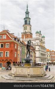POZNAN, POLAND - JUNE 04, 2014: The Old Market Square and the Town Hall and the fountain. Poznan. Poland