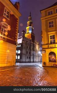 Poznan Town Hall at Old Market Square in Old Town at night, Poznan, Poland. Night Old Town of Poznan, Poland