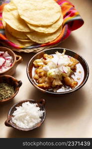 Pozole Rojo. Traditional mexican stew very popular in mexico and neighboring countries. Made from cacahuazintle with meat and various other ingredients depending on the region.