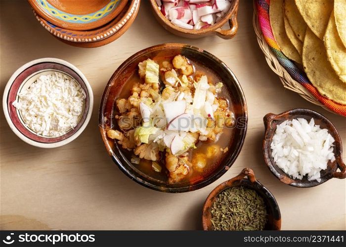Pozole Rojo. Traditional mexican stew very popular in mexico and neighboring countries. Made from cacahuazintle with meat and various other ingredients depending on the region.
