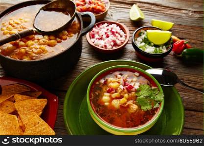 Pozole with mote big corn stew from Mexico with ingredients and appetizer