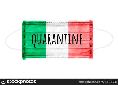 PP non-woven disposable medical face mask isolated on white background. Quarantine lettering on medical mask toned in italy flag colors. PP non-woven disposable medical face mask isolated on white background