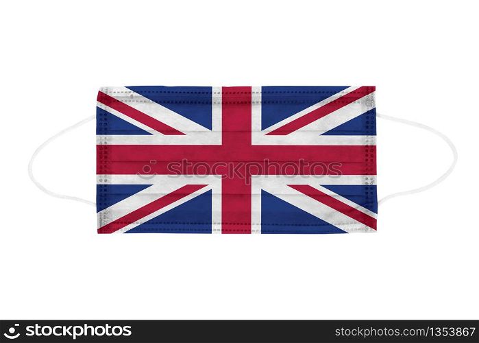 PP non-woven disposable medical face mask isolated on white background. Medical mask toned in United Kingdom flag colors. PP non-woven disposable medical face mask isolated on white background