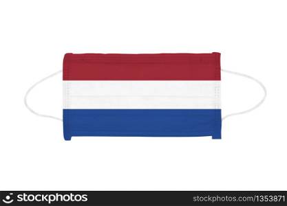 PP non-woven disposable medical face mask isolated on white background. mask toned in Netherlands flag colors. PP non-woven disposable medical face mask isolated on white background