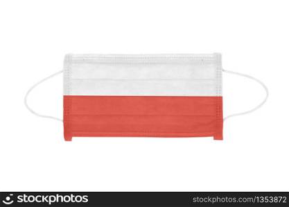 PP non-woven disposable medical face mask isolated on white background. Medical mask toned in poland flag colors. PP non-woven disposable medical face mask isolated on white background
