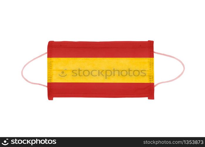 PP non-woven disposable medical face mask isolated on white background. Medical mask toned in spain flag colors.. PP non-woven disposable medical face mask isolated on white background