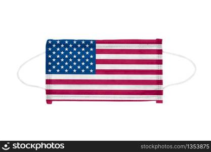 PP non-woven disposable medical face mask isolated on white background. medical mask toned in USA flag colors. PP non-woven disposable medical face mask isolated on white background