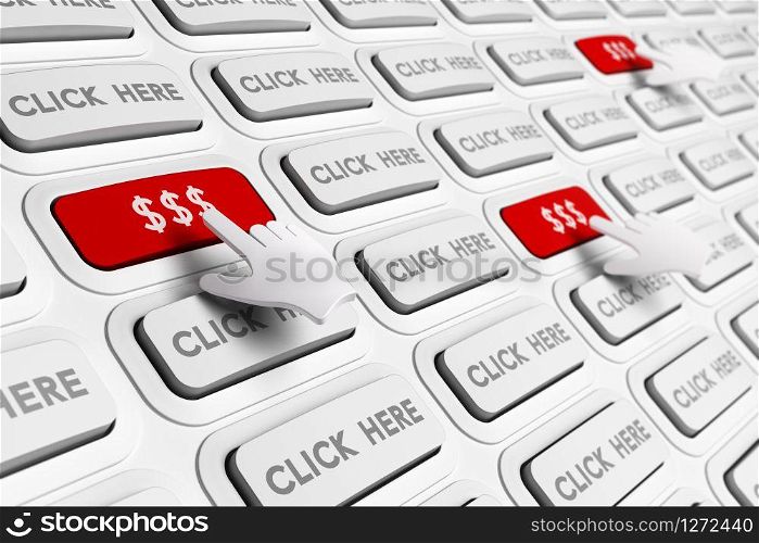 PPC, Cost or Pay Per Click concept illustration. Many white buttons with the text click here plus 3D hand pressing red ones with dollar symbols.. PPC, Pay Per Click