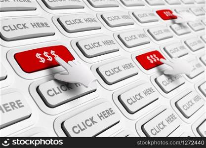 PPC, Cost or Pay Per Click concept illustration. Many white buttons with the text click here plus 3D hand pressing red ones with dollar symbols.. PPC, Pay Per Click