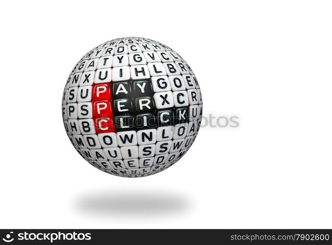 PPC text , pay per click written on cubes on 3d sphre
