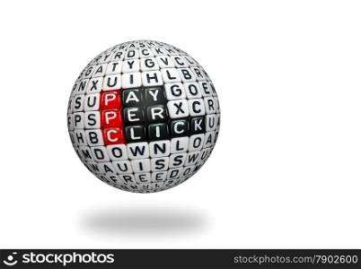 PPC text , pay per click written on cubes on 3d sphre