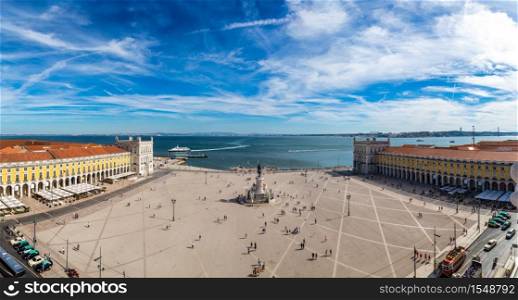 Praca do Comercio (Commerce square) and statue of King Jose I in Lisbon, Portugal in a summer day