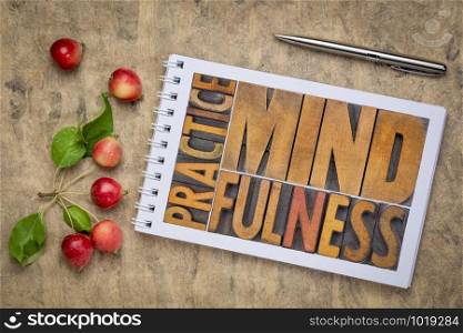 Practice mindfulness - word abstract in vintage letterpress wood type in a sketchbook, flat lay with crab apples, self awareness concept