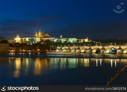 Prague Castle, Charles Bridge and the Little Quarter at night illumination, Prague, Czech Republic