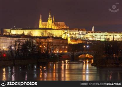 Prague Castle, Charles Bridge and the Little Quarter at night, Prague, Czech Republic.