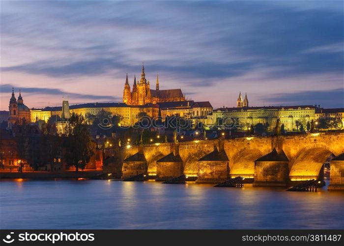 Prague Castle, Charles Bridge and the Little Quarter at sundown, Prague, Czech Republic