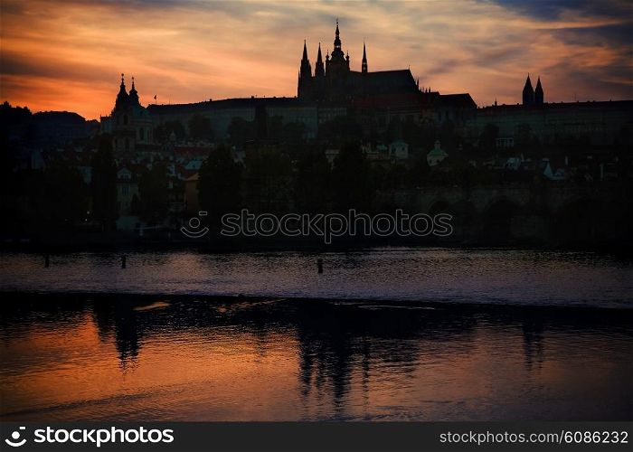 Prague Castle silhouette at sunset light, Czech Republic