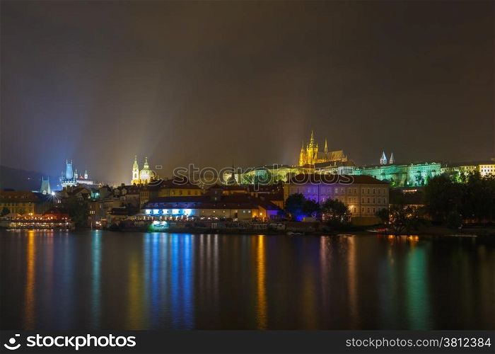 Prague Castle, the Vltava River and the Little Quarter at night illumination, Prague, Czech Republic