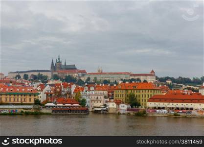Prague Castle, the Vltava River and the Little Quarter on a cloudy day, Prague, Czech Republic