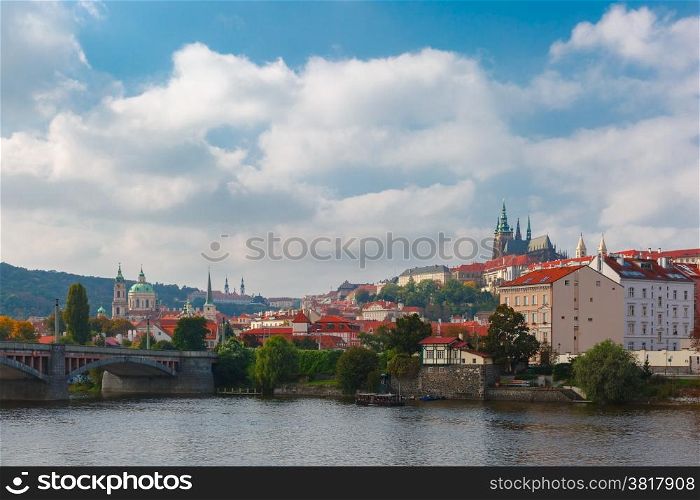 Prague Castle, the Vltava River and the Little Quarter on a cloudy day, Prague, Czech Republic