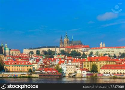 Prague Castle, the Vltava River and the Little Quarter on a sunny day, Prague, Czech Republic