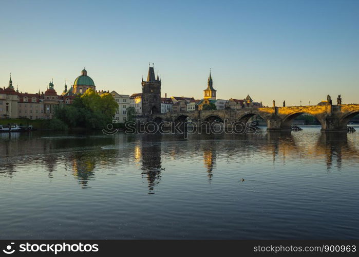 Prague city skyline with Charles Bridge in Czech Republic.