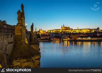 Prague city skyline with view of Vltava River in Prague, Czech Republic day to night.