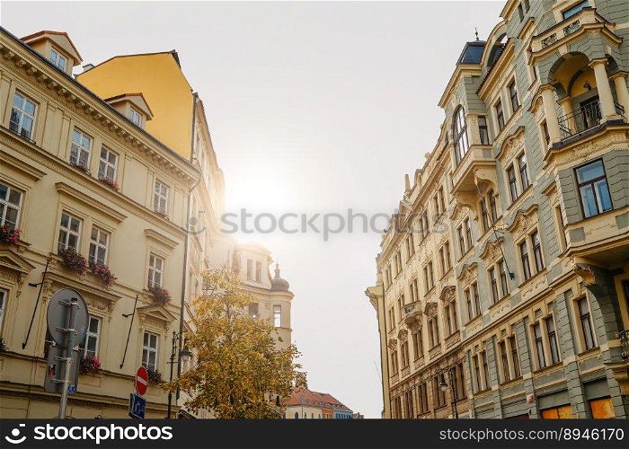 Prague, Czech - February 2023. European architecture, historical facade of building with lantern. High quality photo. Prague, Czech - February 2023. European architecture, historical building facade