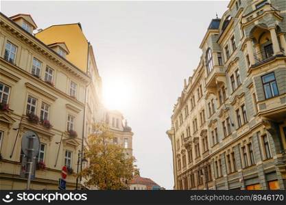 Prague, Czech - February 2023. European architecture, historical facade of building with lantern. High quality photo. Prague, Czech - February 2023. European architecture, historical building facade