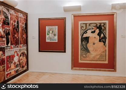 Prague, Czech - March 2023. Alphonse Mucha exhibition in Central Gallery. Famous installation. Legend artist, painting, collection. High quality photo. Prague, Czech - March 2023. Alphonse Mucha art exhibition in Central Gallery.