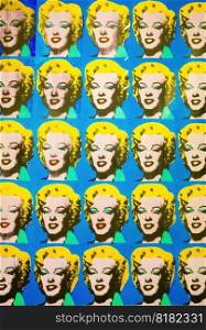 Prague, Czech - March 2023. Andy Warhol exhibition in Central Gallery. Famous colorful Marilyn Monroe installation. Legend artist, painting, collection. High quality photo. Prague, Czech - March 2023. Andy Warhol colorful Marilyn Monroe collage.