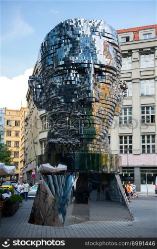 PRAGUE, CZECH REPUBLIC - August 2, 2018: Revolving statue of the head of Franz Kafka in Prague. Modern statue of the famous writer