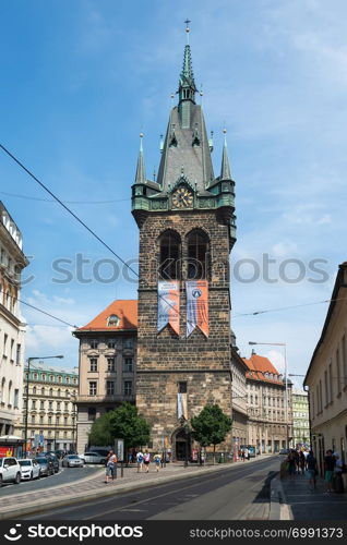 PRAGUE, CZECH REPUBLIC - AUGUST 2 : Czechia people and foreigner travelers walking and visit Henry&rsquo;s Bell Tower or Jindrisska Tower at New Town, Prague 1 on August 2, 2018 in Prague, Czech Republic