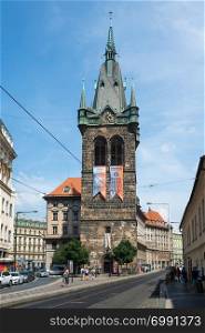 PRAGUE, CZECH REPUBLIC - AUGUST 2 : Czechia people and foreigner travelers walking and visit Henry&rsquo;s Bell Tower or Jindrisska Tower at New Town, Prague 1 on August 2, 2018 in Prague, Czech Republic