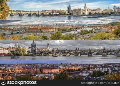 Prague, Czech Republic - December 12, 2019: Collage of landmarks of Prague, Czech Republic. Collage of landmarks of Prague, Czech Republic