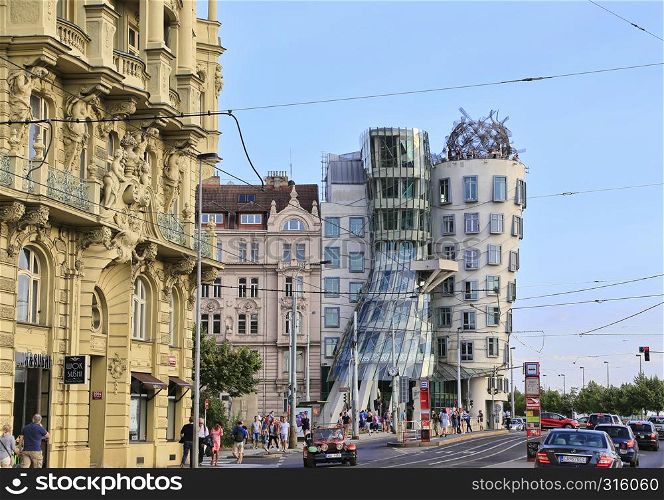 PRAGUE, CZECH REPUBLIC - DECEMBER 18, 2014: Dancing House also called Fred and Ginger was designed 1992 by Vlado Milunic and Frank Gehry and completed 1996